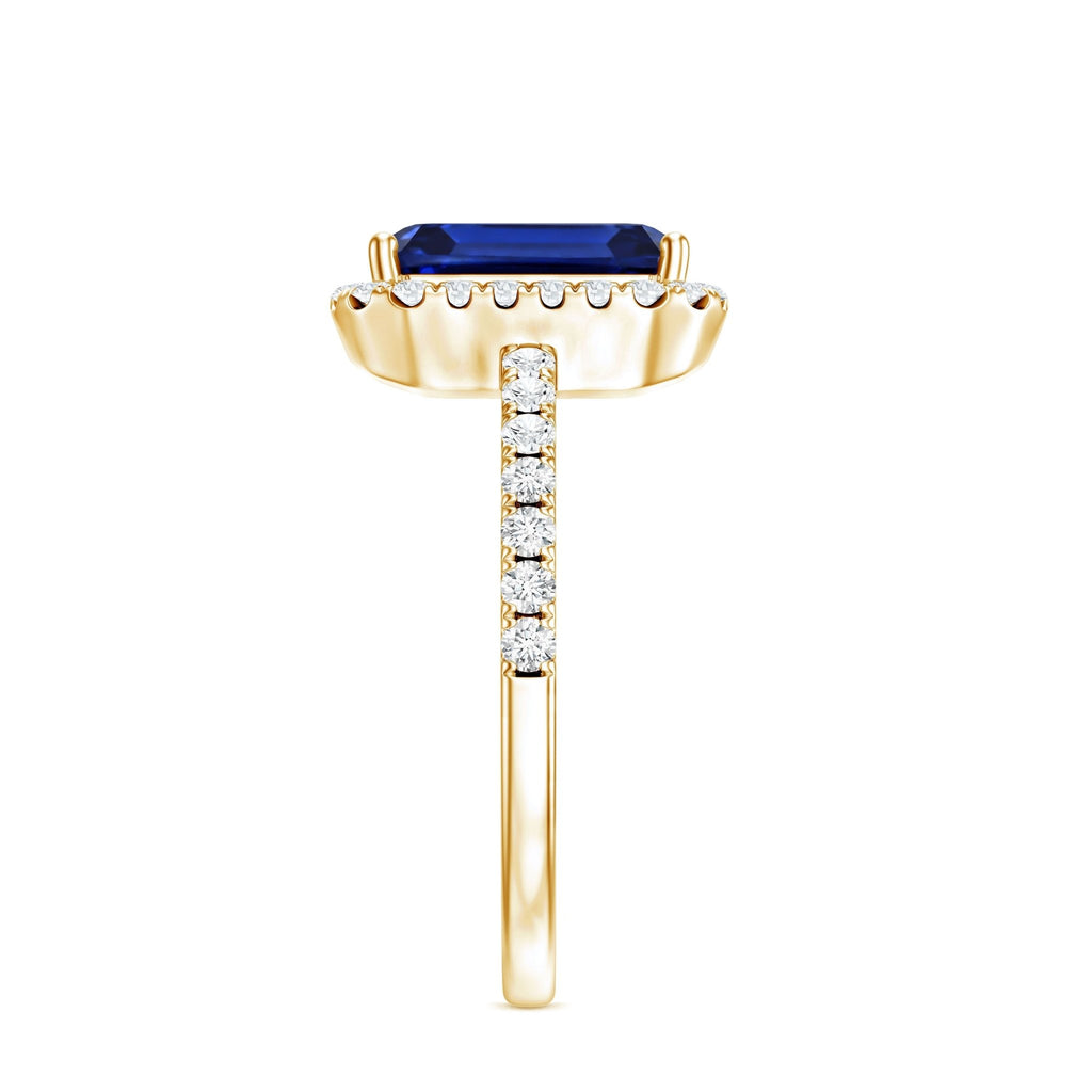 Lab Grown Blue Sapphire Ring, 2.75 Ct Emerald Cut Diamond Halo