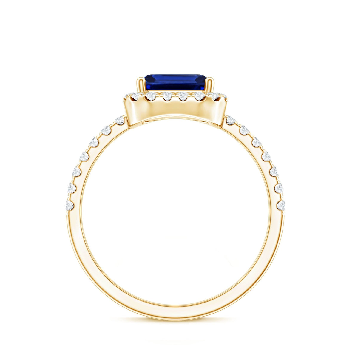 Lab Grown Blue Sapphire Ring, 2.75 Ct Emerald Cut Diamond Halo