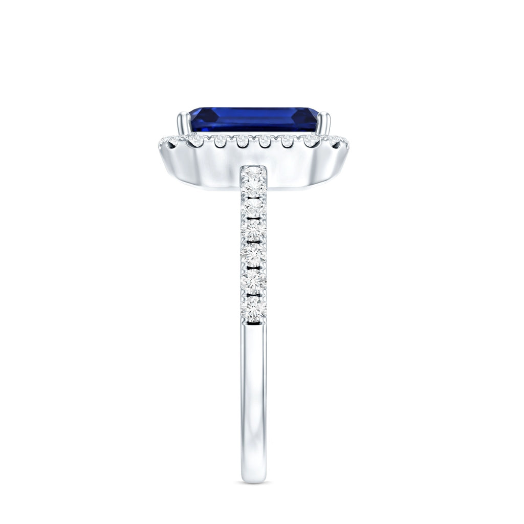 Lab Grown Blue Sapphire Ring, 2.75 Ct Emerald Cut Diamond Halo