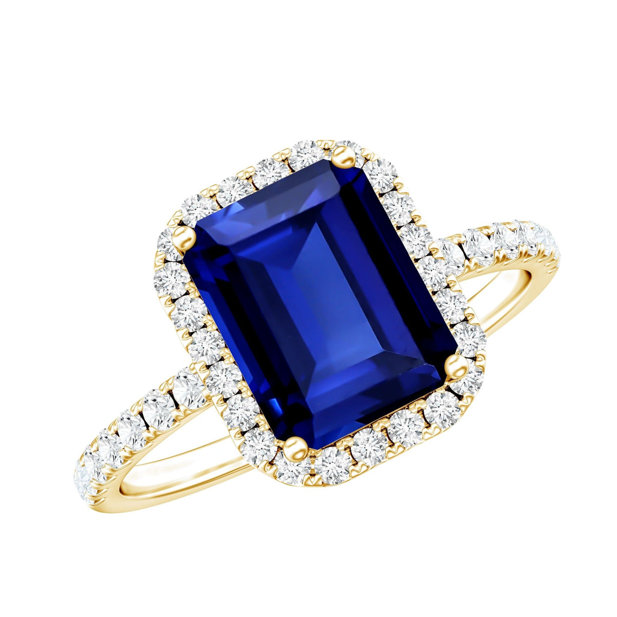 Lab Grown Blue Sapphire Ring, 2.75 Ct Emerald Cut Diamond Halo
