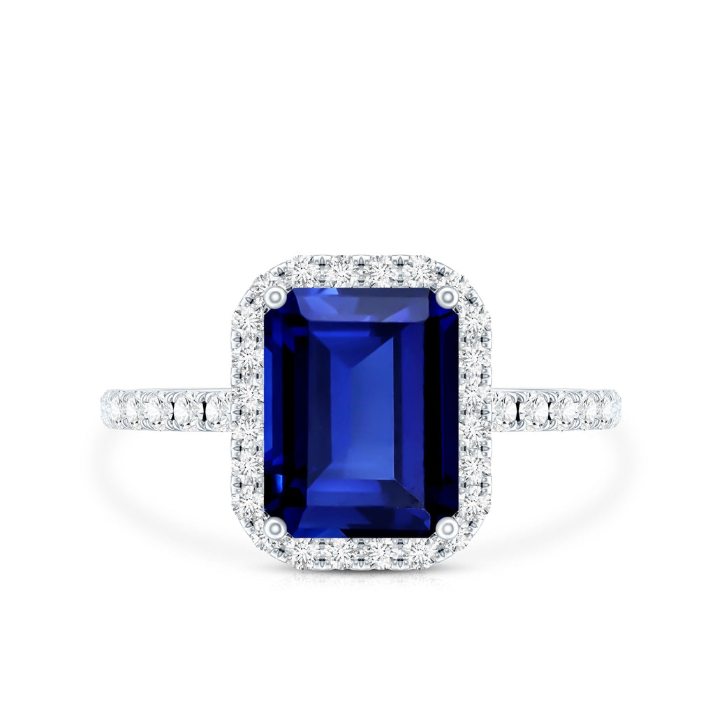 Lab Grown Blue Sapphire Ring, 2.75 Ct Emerald Cut Diamond Halo