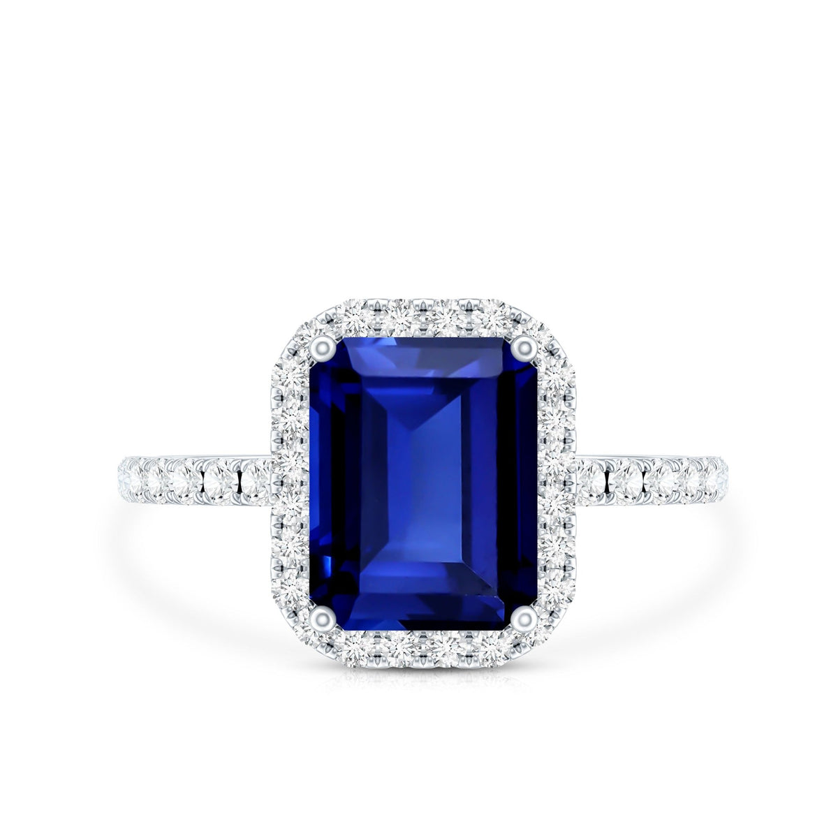 Lab Grown Blue Sapphire Ring, 2.75 Ct Emerald Cut Diamond Halo