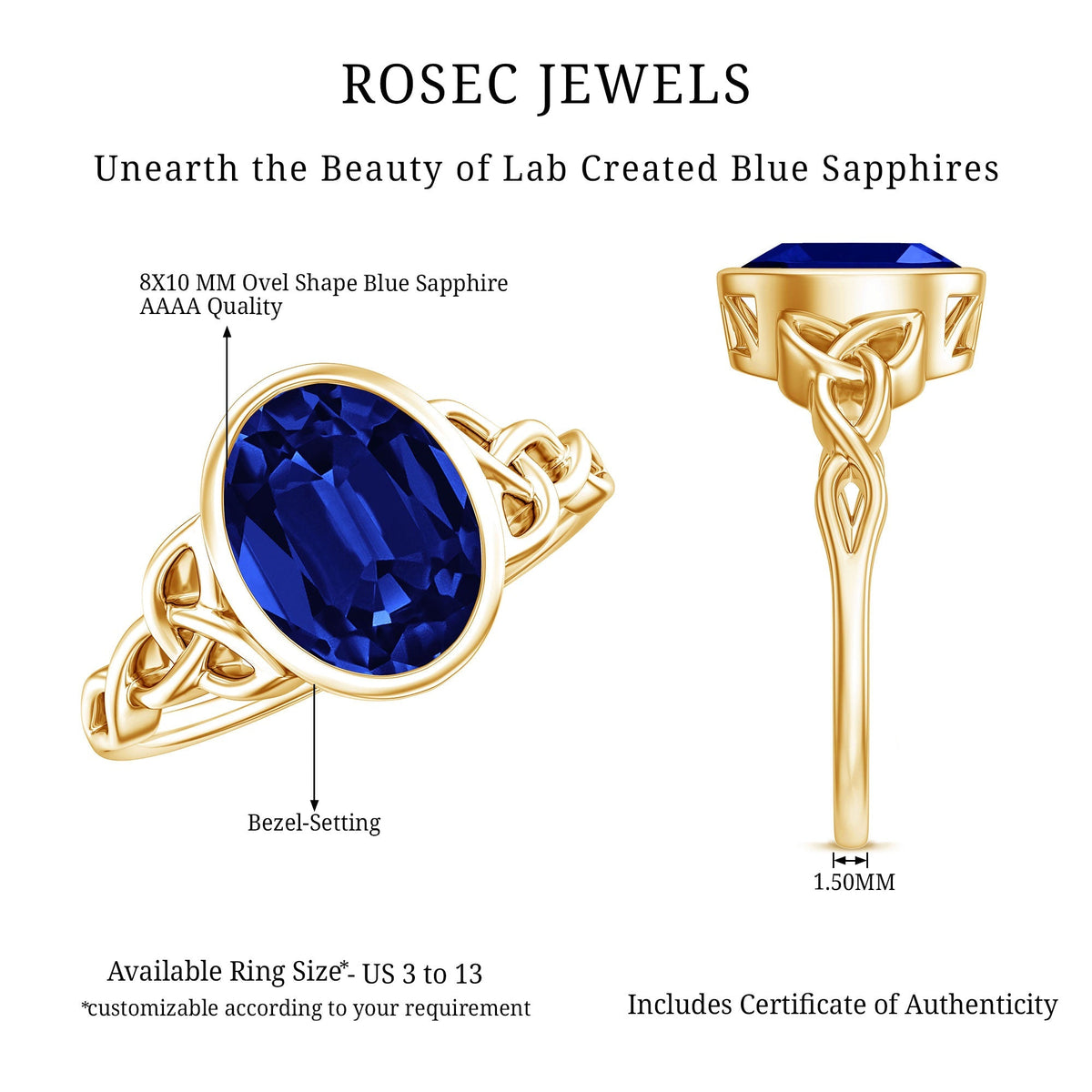Lab Grown Blue Sapphire Ring, 4 Carat Oval Celtic Ring