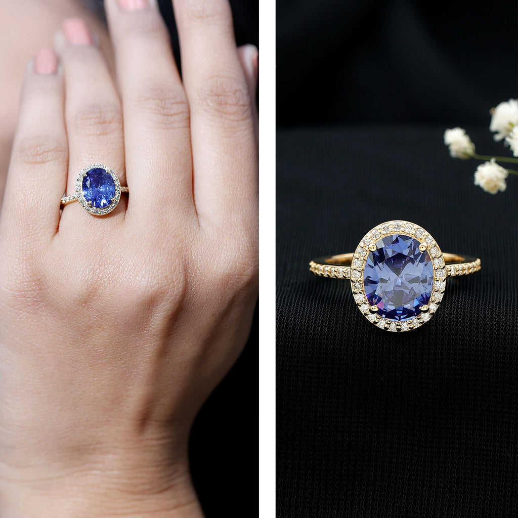 Lab Grown Blue Sapphire Ring, 4 Carat Oval Diamond Halo