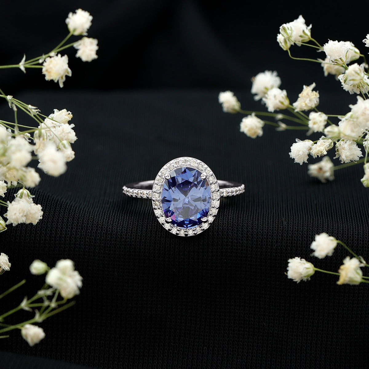 Lab Grown Blue Sapphire Ring, 4 Carat Oval Diamond Halo