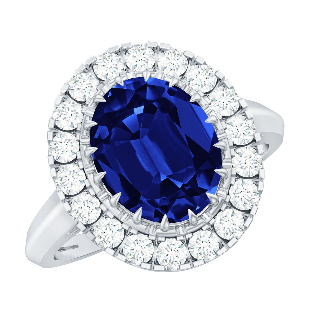 Lab Grown Blue Sapphire Ring, 4 Carat Oval Diamond Halo