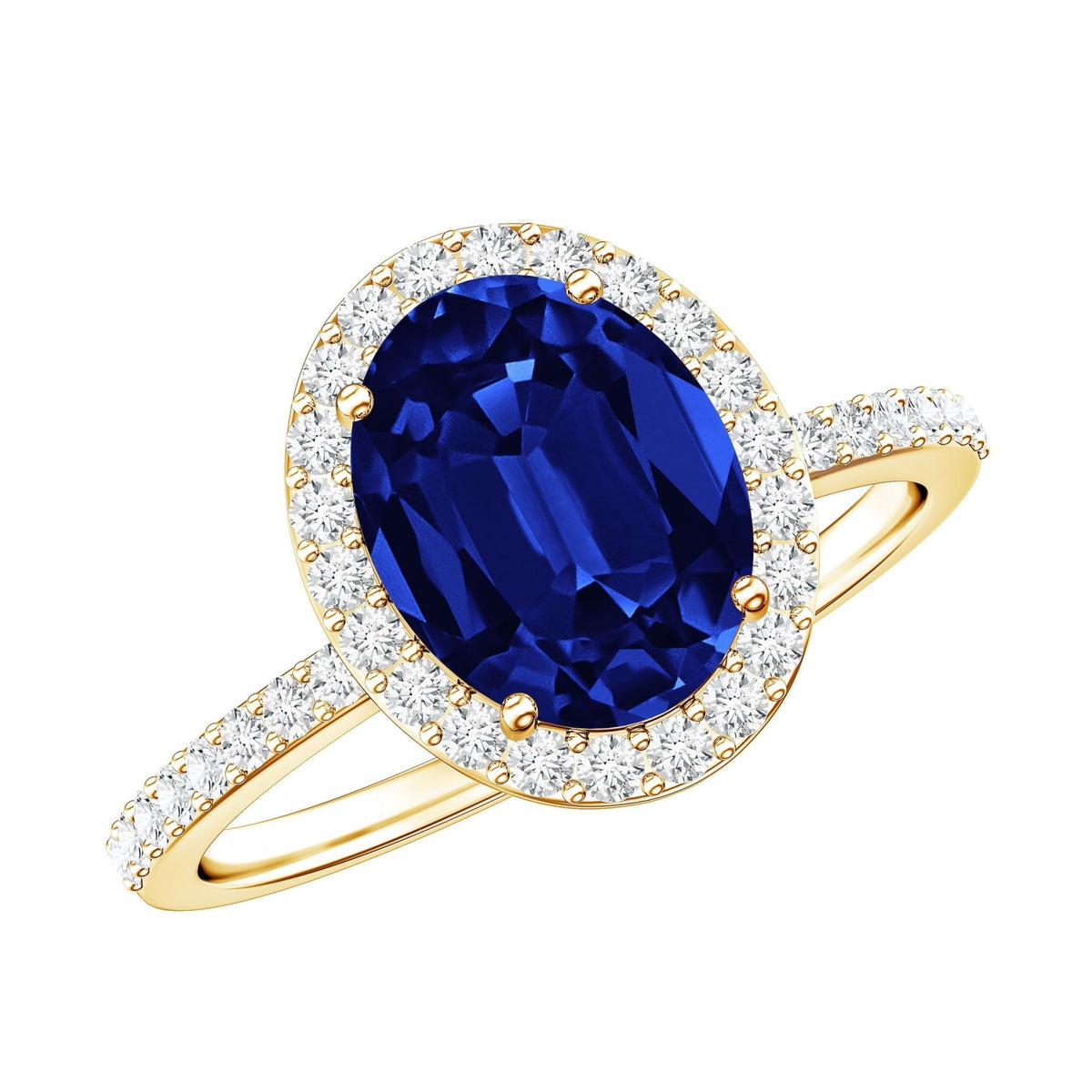 Lab Grown Blue Sapphire Ring, 4 Carat Oval Diamond Halo
