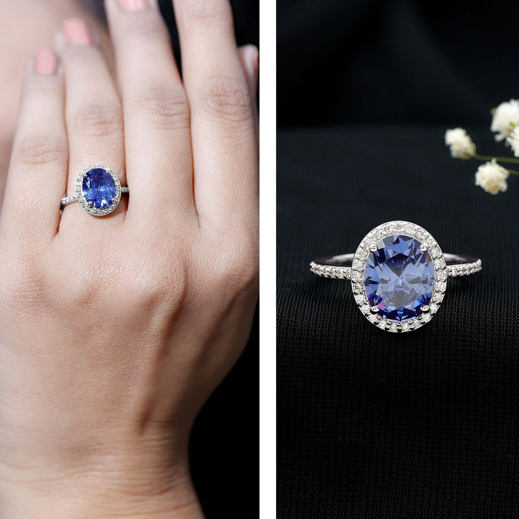 Lab Grown Blue Sapphire Ring, 4 Carat Oval Diamond Halo