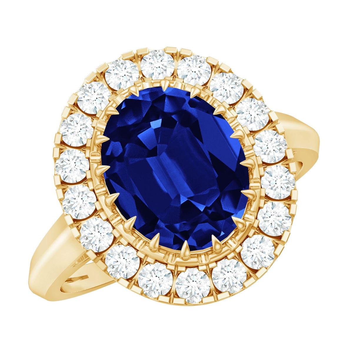 Lab Grown Blue Sapphire Ring, 4 Carat Oval Diamond Halo
