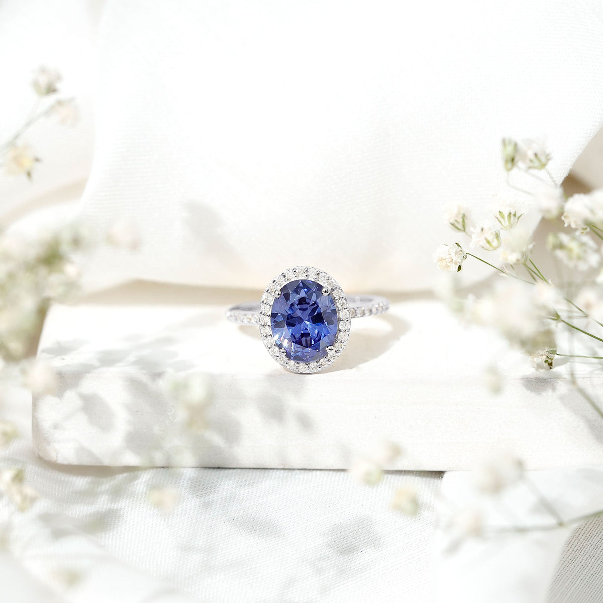 Lab Grown Blue Sapphire Ring, 4 Carat Oval Diamond Halo