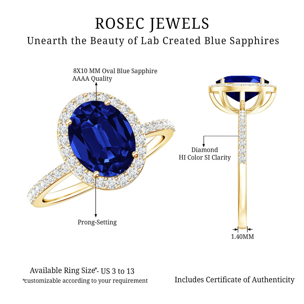 Lab Grown Blue Sapphire Ring, 4 Carat Oval Diamond Halo