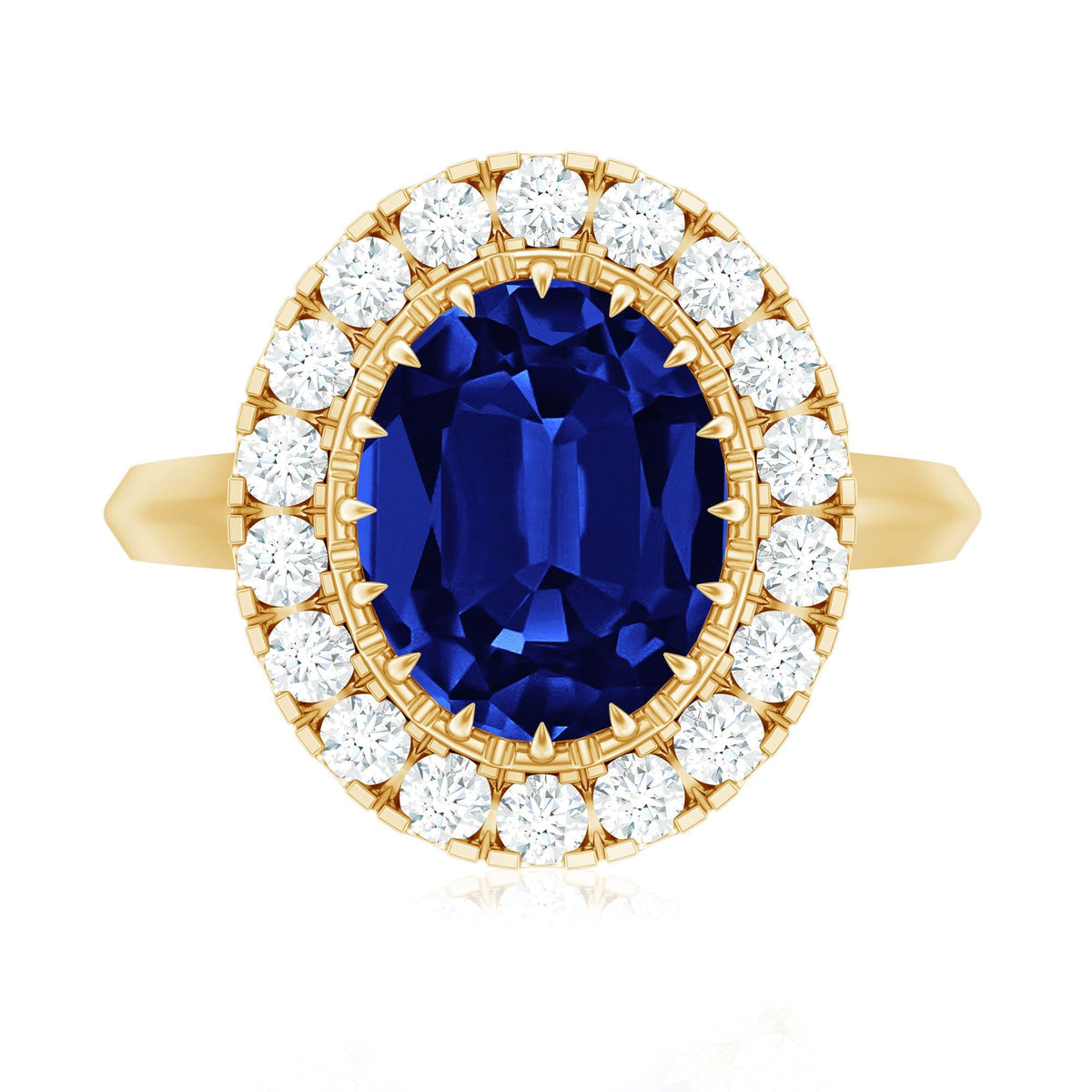 Lab Grown Blue Sapphire Ring, 4 Carat Oval Diamond Halo
