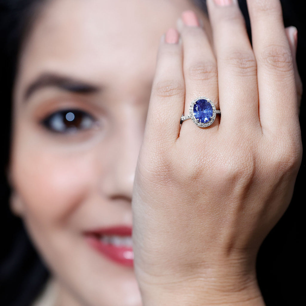 Lab Grown Blue Sapphire Ring, 4 Carat Oval Diamond Halo