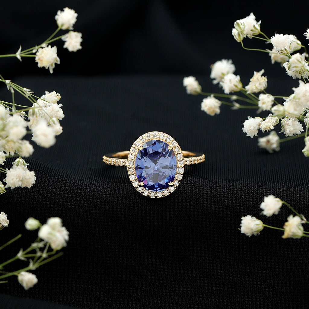 Lab Grown Blue Sapphire Ring, 4 Carat Oval Diamond Halo