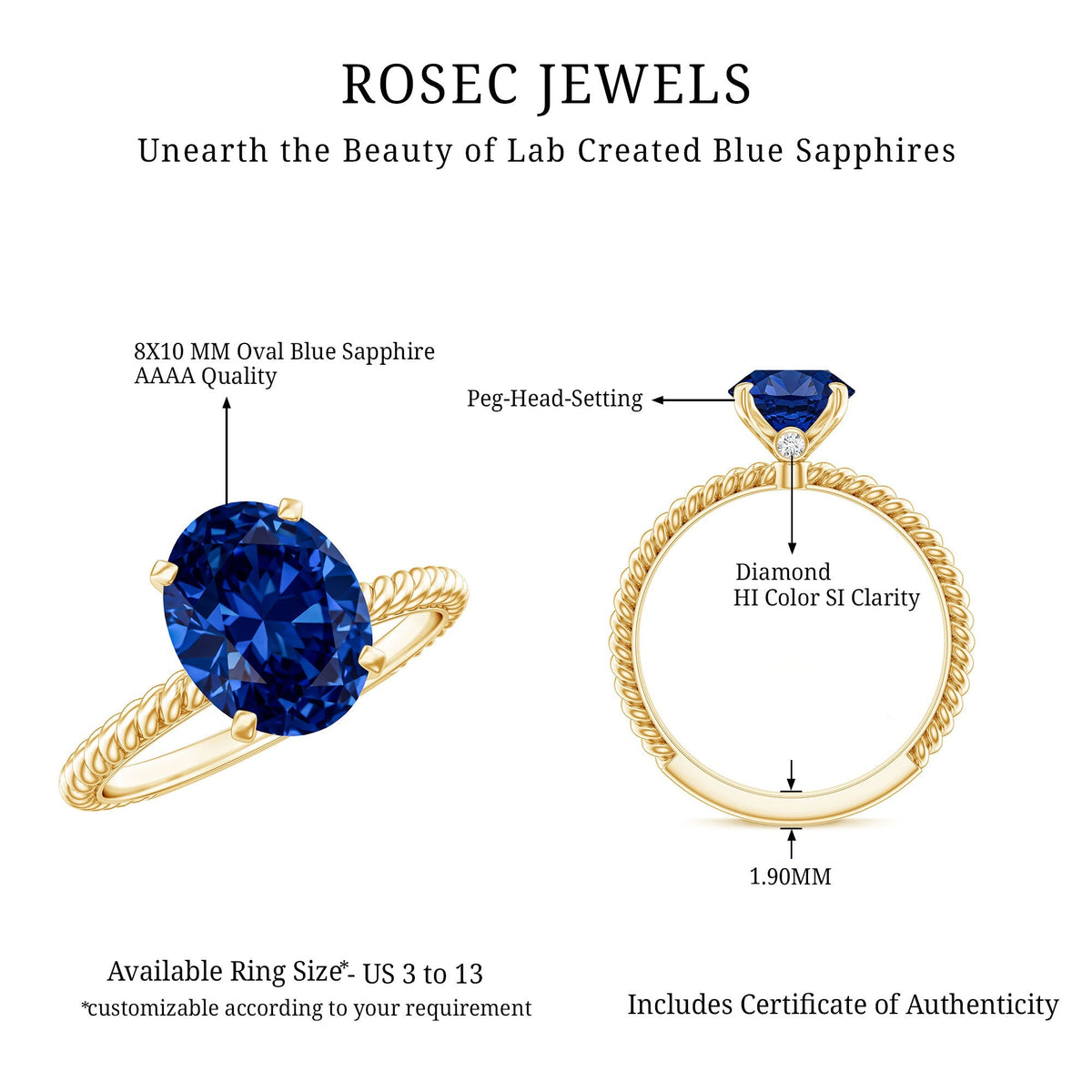 Lab Grown Blue Sapphire Ring, 4 Carat Oval Engagement Ring