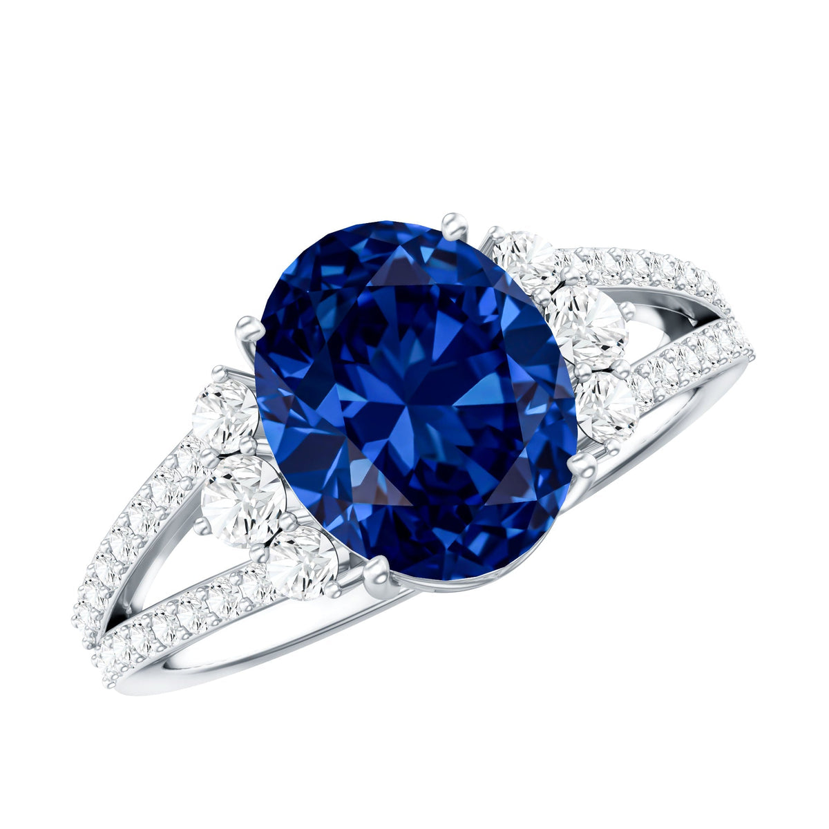 Lab Grown Blue Sapphire Ring, 4 Carat Oval Split Shank Ring