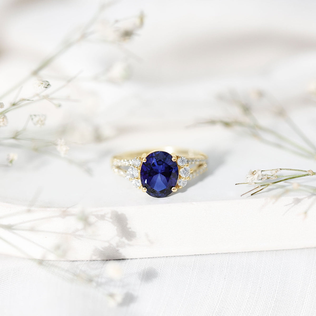 Lab Grown Blue Sapphire Ring, 4 Carat Oval Split Shank Ring