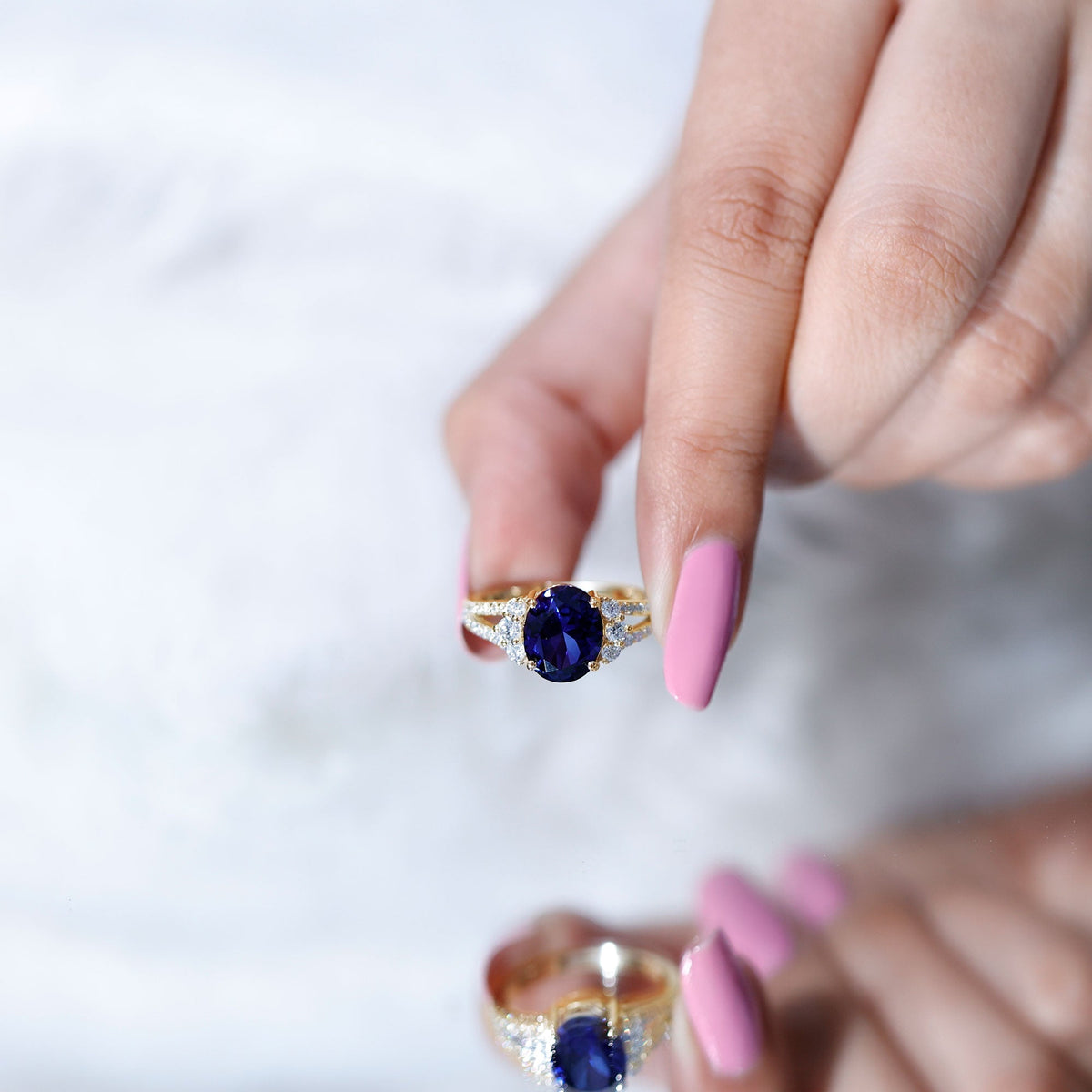 Lab Grown Blue Sapphire Ring, 4 Carat Oval Split Shank Ring