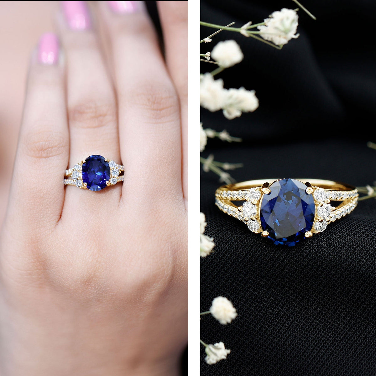 Lab Grown Blue Sapphire Ring, 4 Carat Oval Split Shank Ring