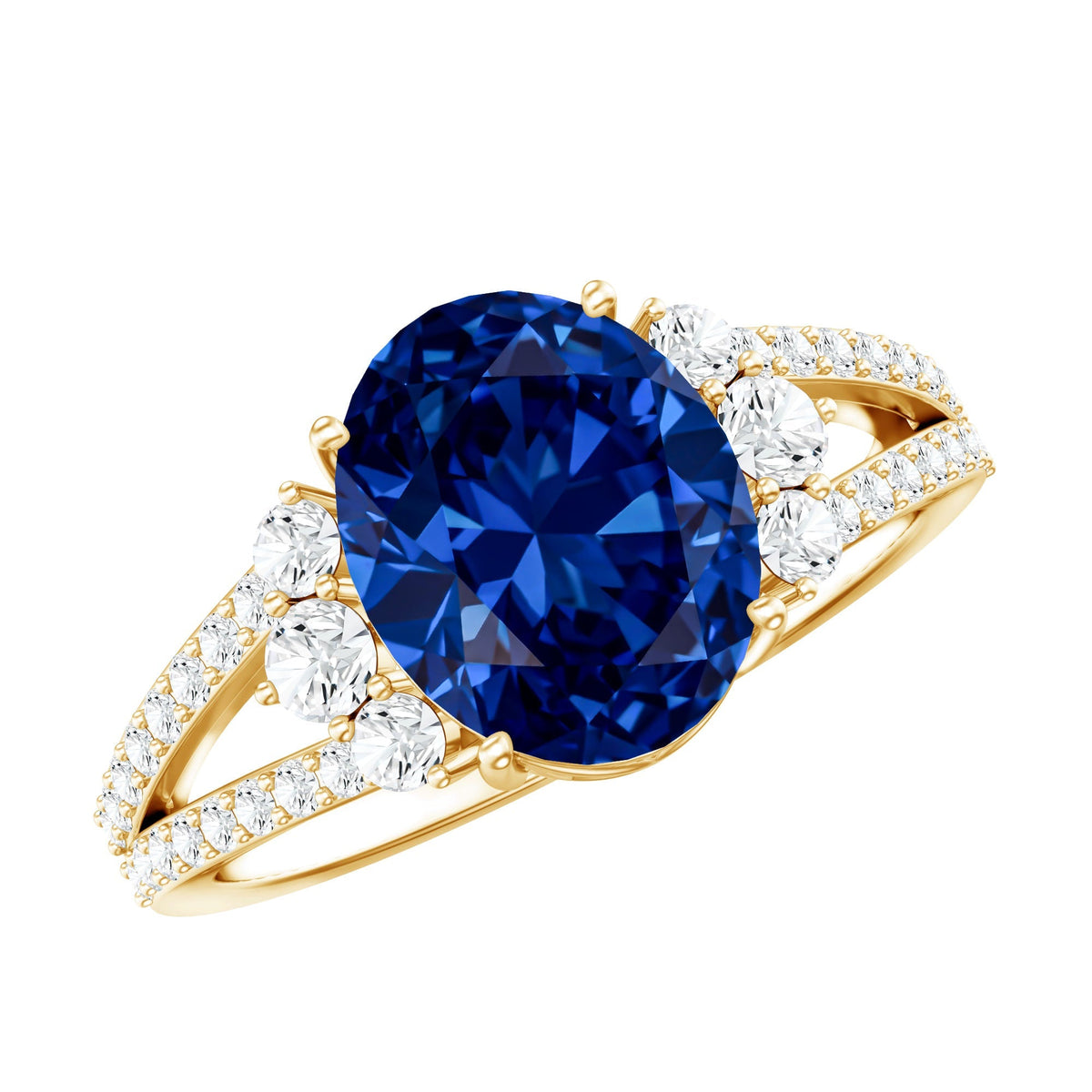 Lab Grown Blue Sapphire Ring, 4 Carat Oval Split Shank Ring