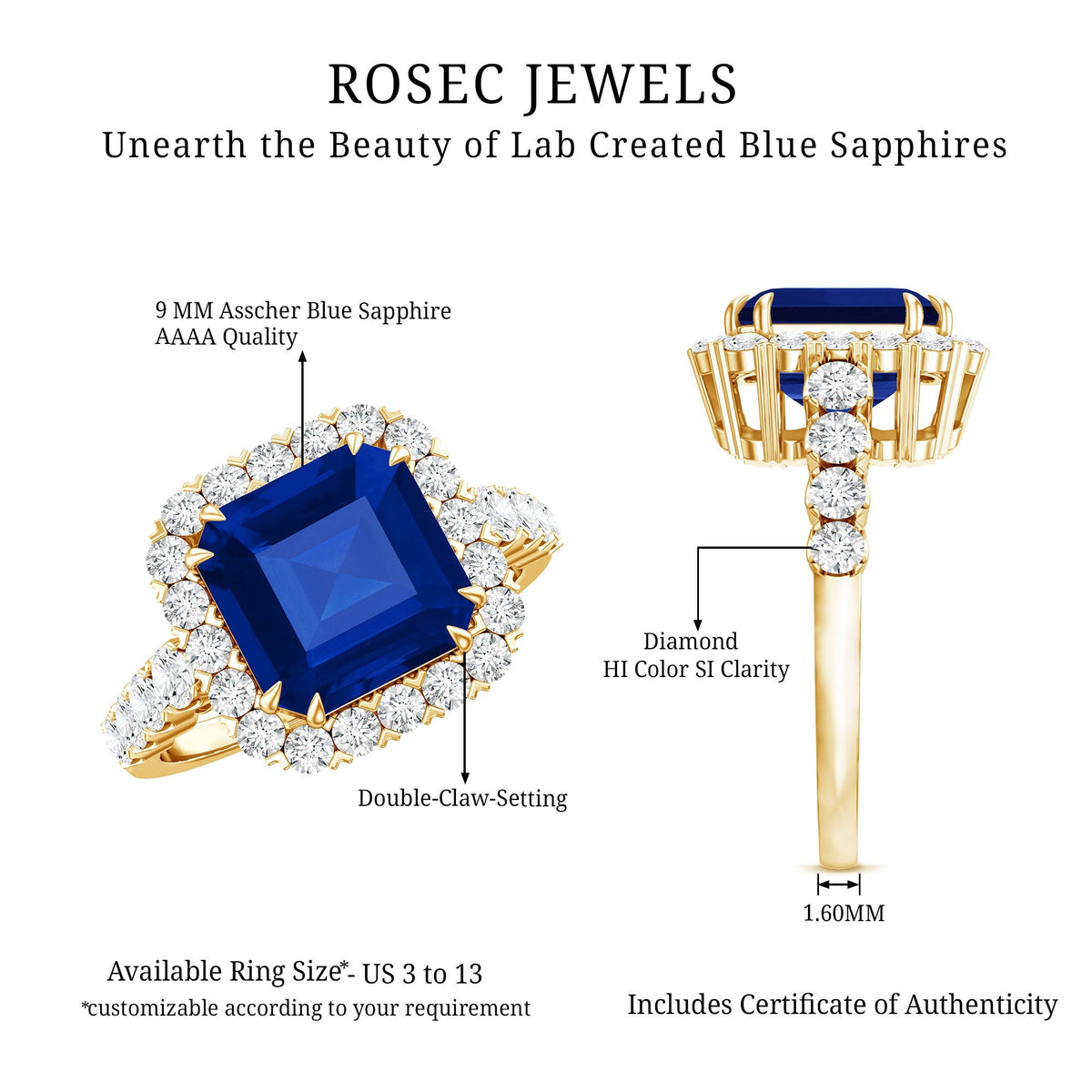 Lab Grown Blue Sapphire Ring, 6.75 Carat Asscher Cut Diamond Halo