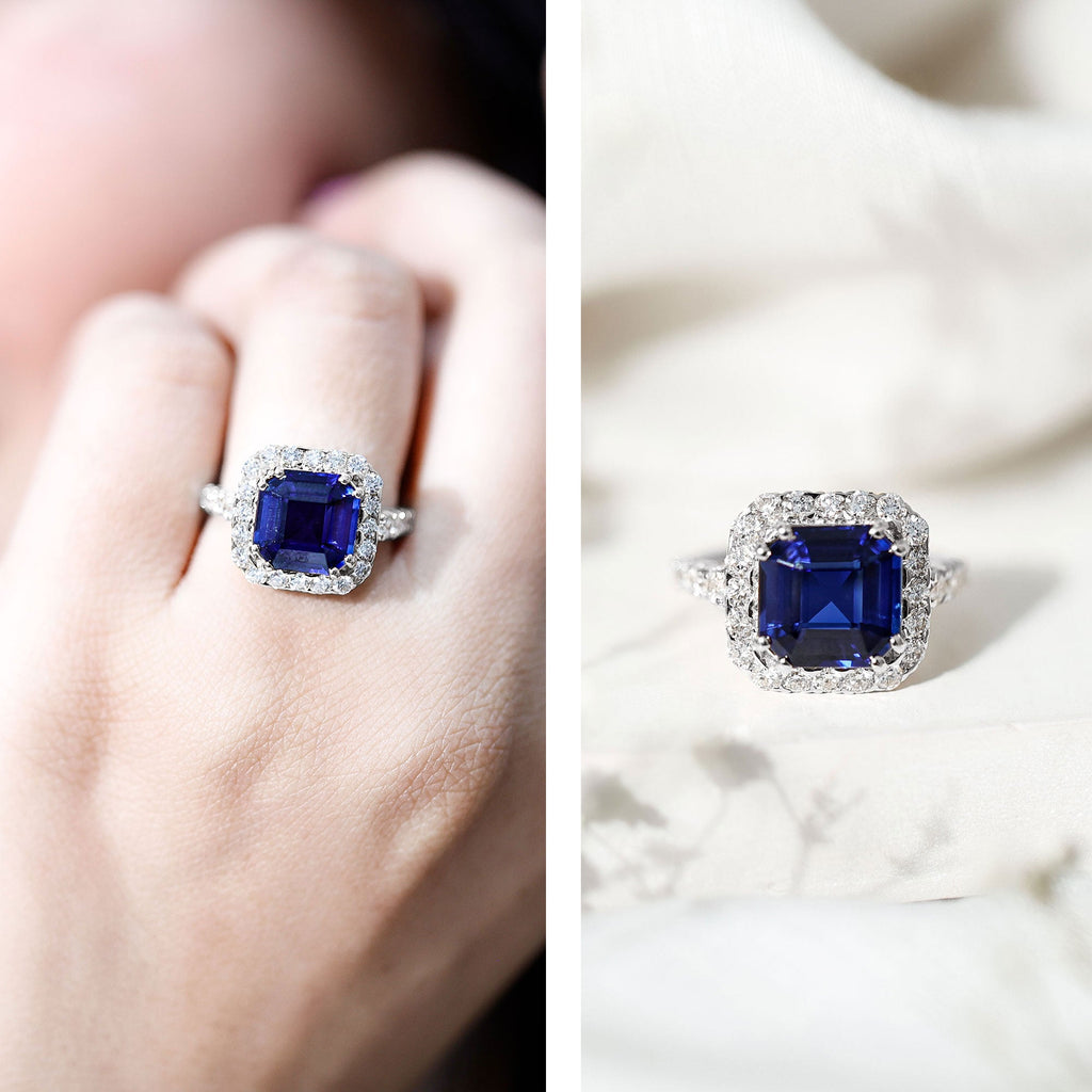 Lab Grown Blue Sapphire Ring, 6.75 Carat Asscher Cut Diamond Halo