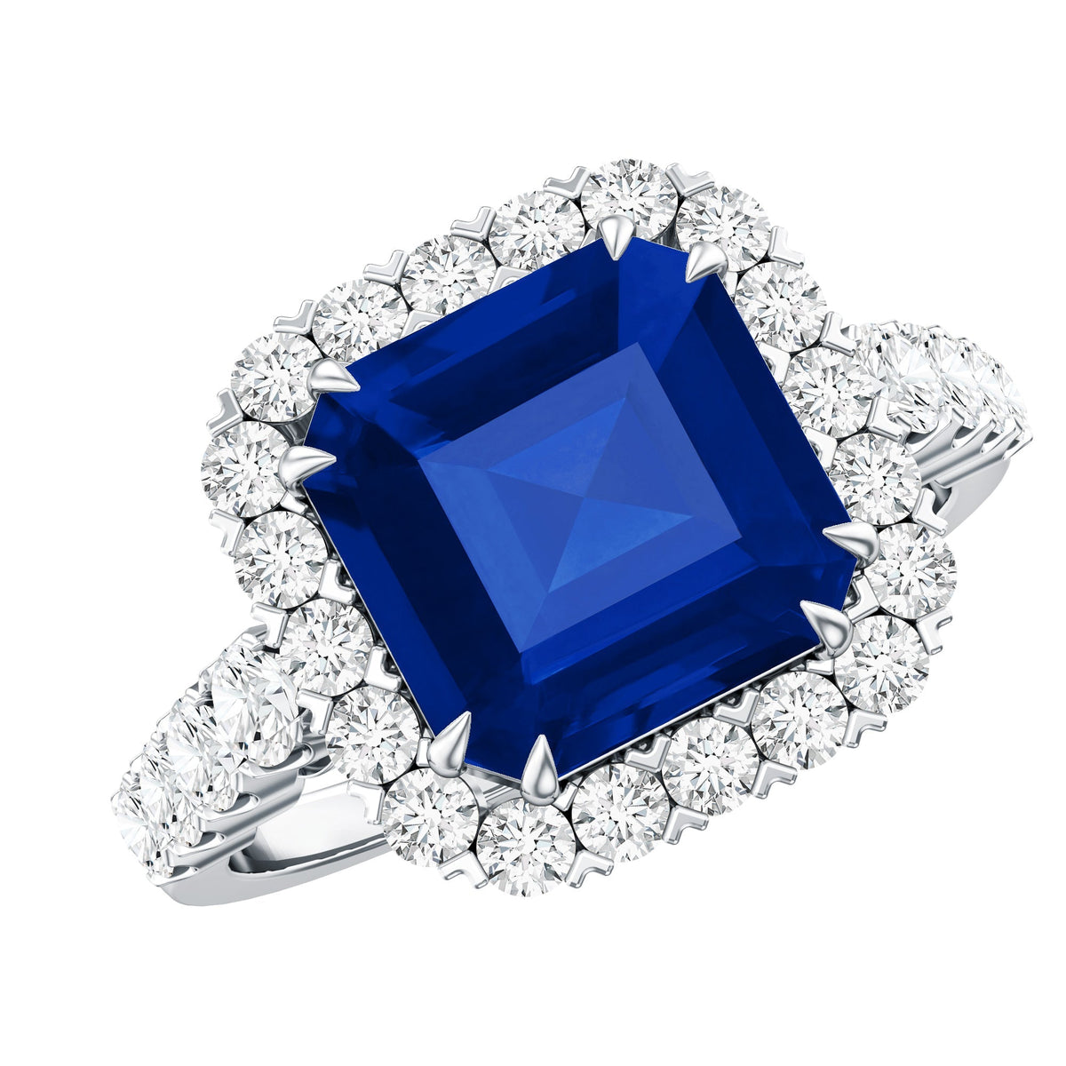 Lab Grown Blue Sapphire Ring, 6.75 Carat Asscher Cut Diamond Halo