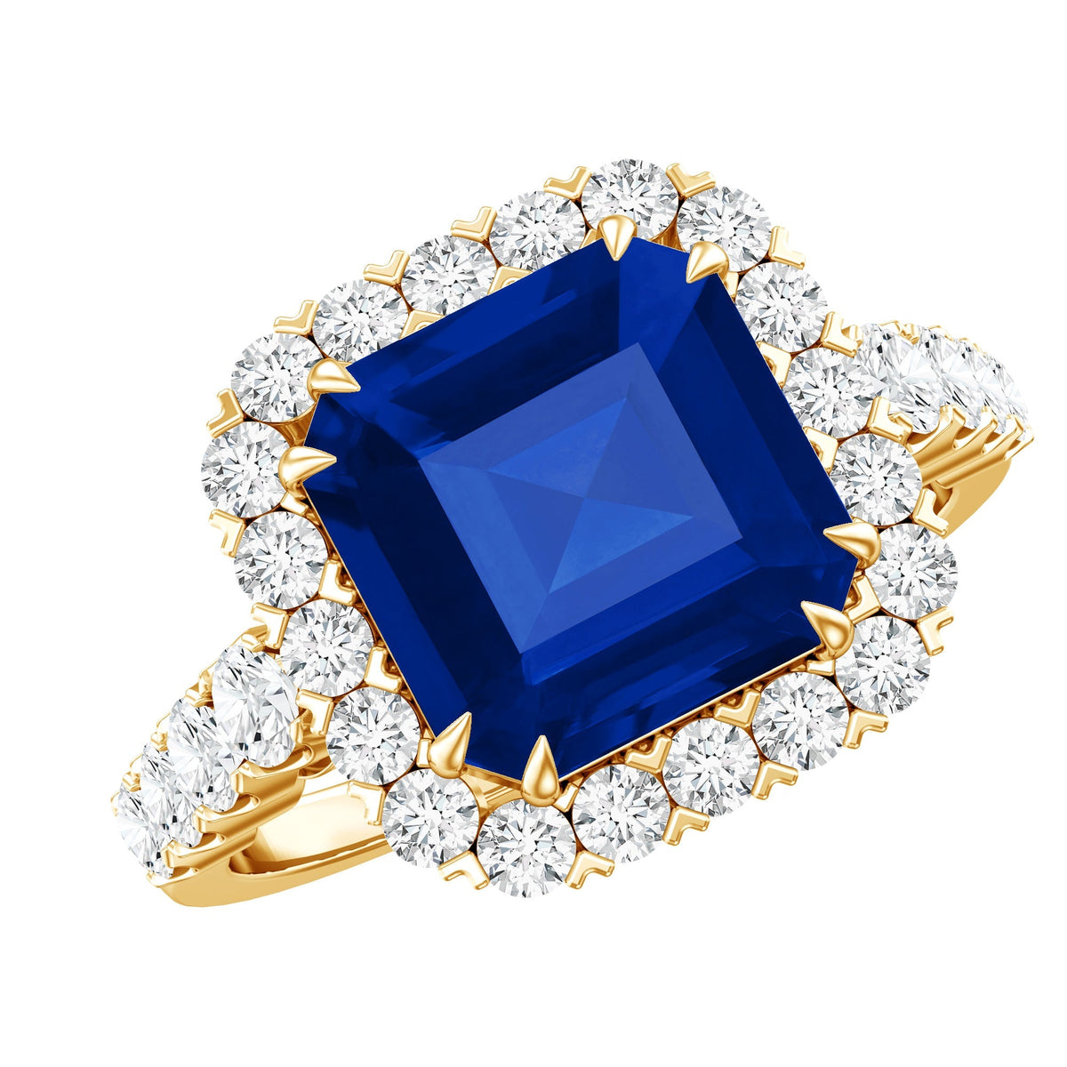 Lab Grown Blue Sapphire Ring, 6.75 Carat Asscher Cut Diamond Halo