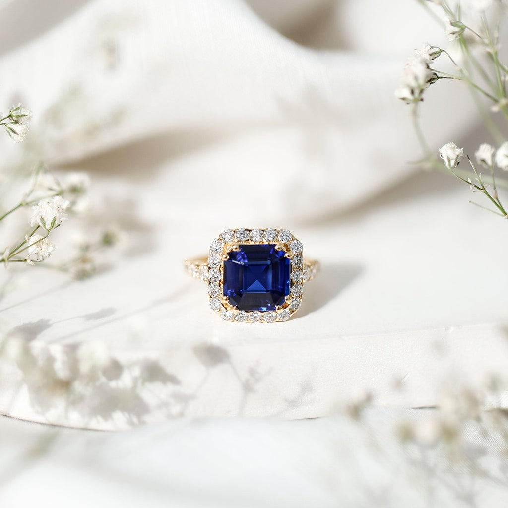 Lab Grown Blue Sapphire Ring, 6.75 Carat Asscher Cut Diamond Halo