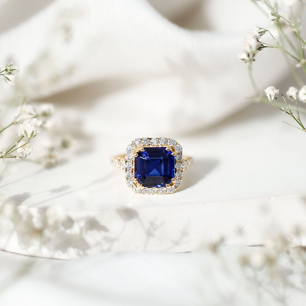 Lab Grown Blue Sapphire Ring, 6.75 Carat Asscher Cut Diamond Halo