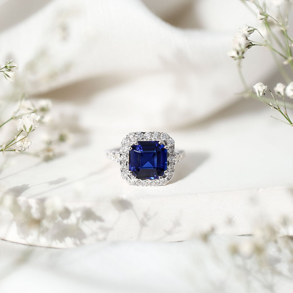 Lab Grown Blue Sapphire Ring, 6.75 Carat Asscher Cut Diamond Halo