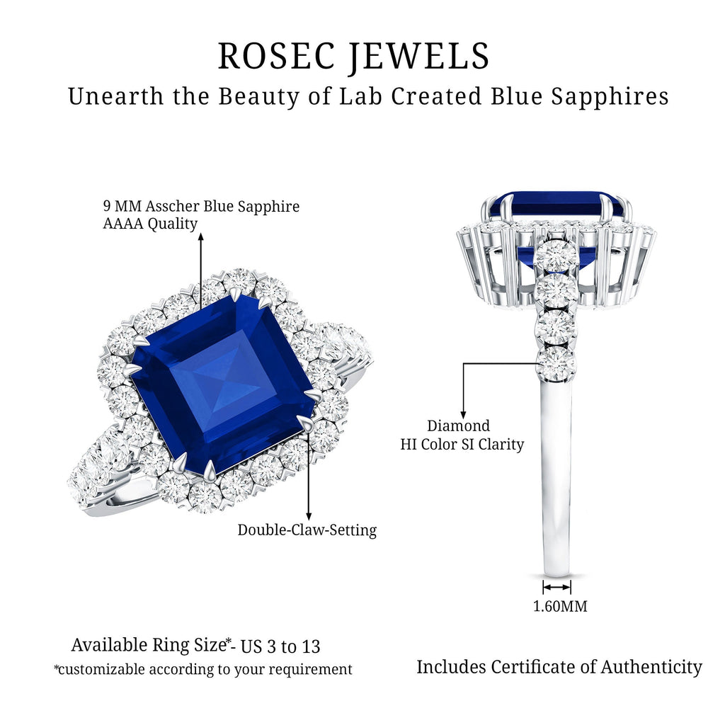 Lab Grown Blue Sapphire Ring, 6.75 Carat Asscher Cut Diamond Halo