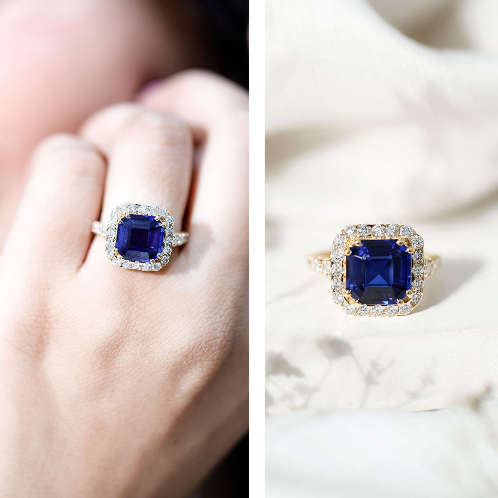 Lab Grown Blue Sapphire Ring, 6.75 Carat Asscher Cut Diamond Halo
