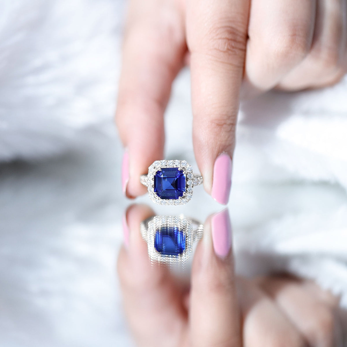 Lab Grown Blue Sapphire Ring, 6.75 Carat Asscher Cut Diamond Halo