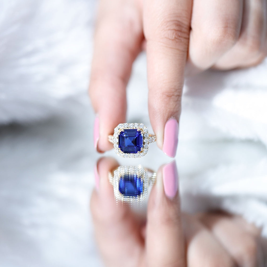 Lab Grown Blue Sapphire Ring, 6.75 Carat Asscher Cut Diamond Halo