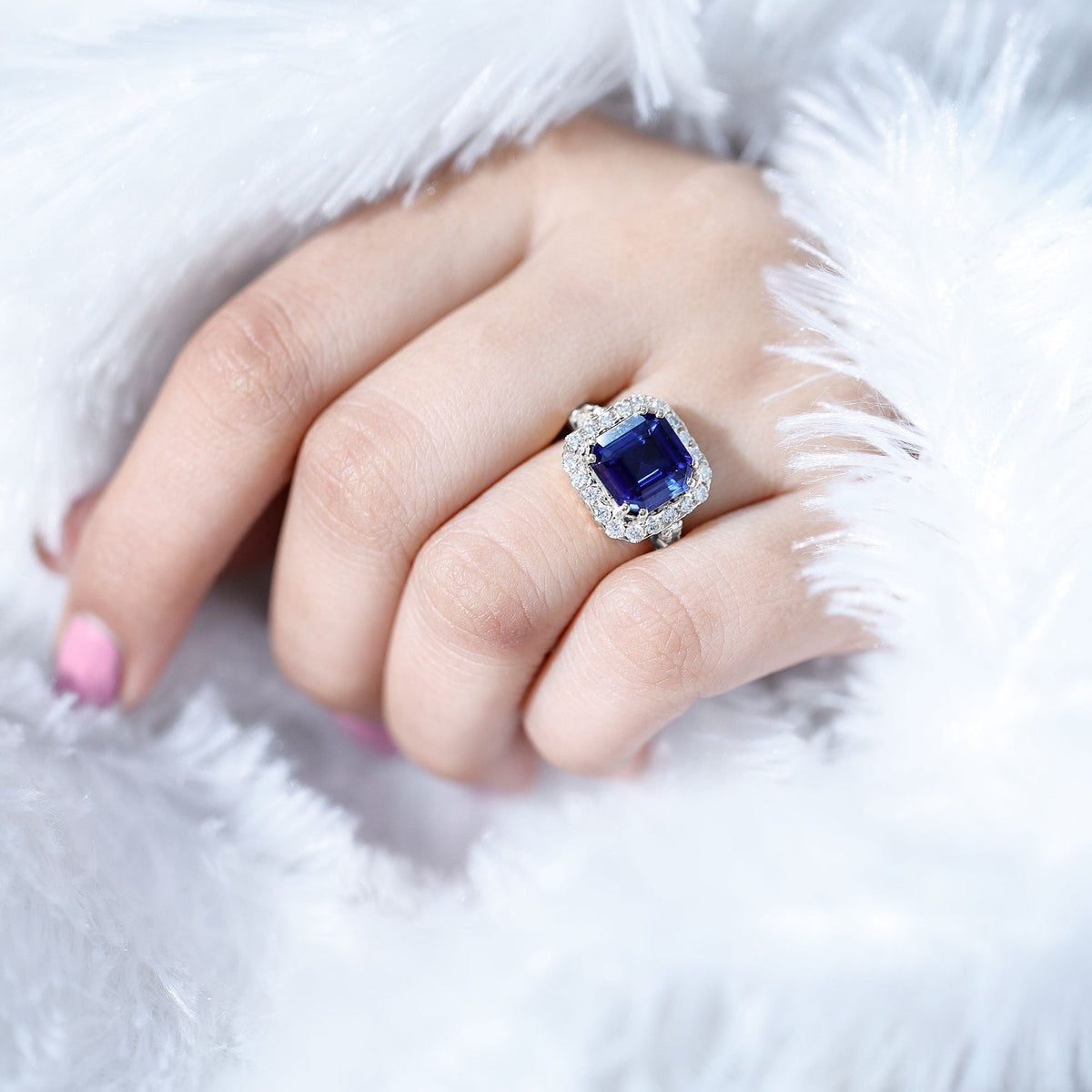 Lab Grown Blue Sapphire Ring, 6.75 Carat Asscher Cut Diamond Halo