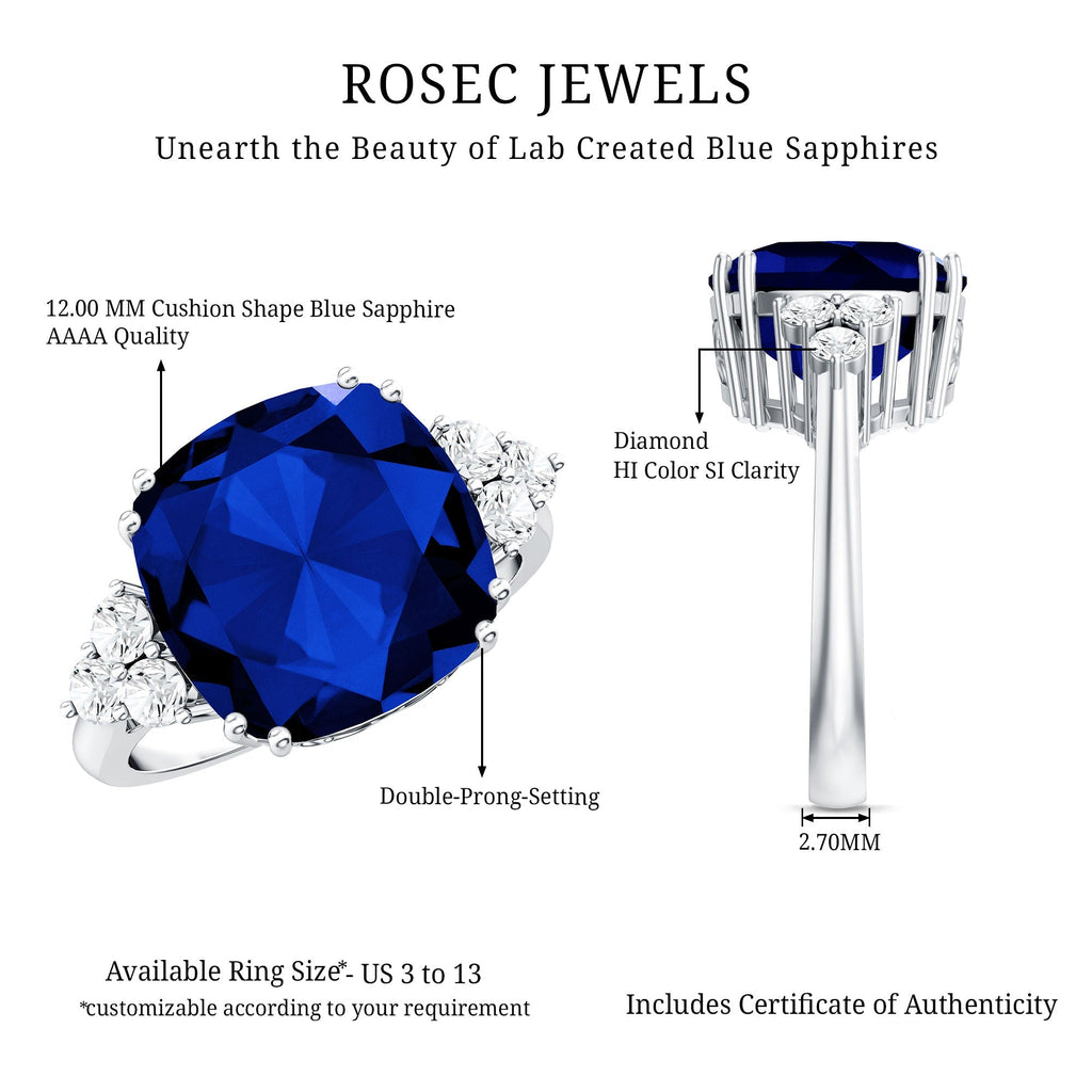 Lab Grown Blue Sapphire Ring, 9 Carat Cushion Cut Diamond Trio