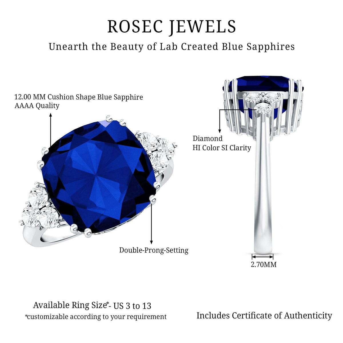 Lab Grown Blue Sapphire Ring, 9 Carat Cushion Cut Diamond Trio