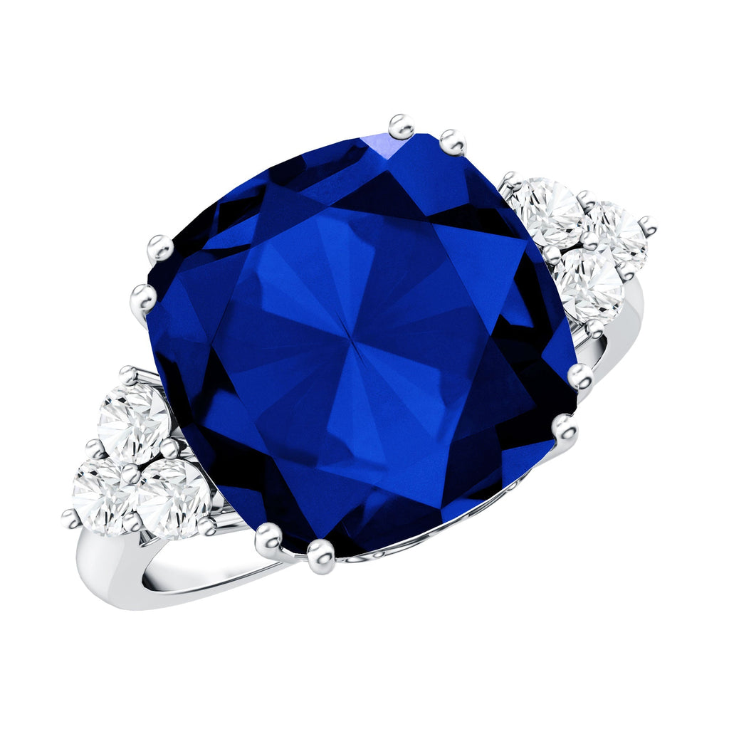 Lab Grown Blue Sapphire Ring, 9 Carat Cushion Cut Diamond Trio