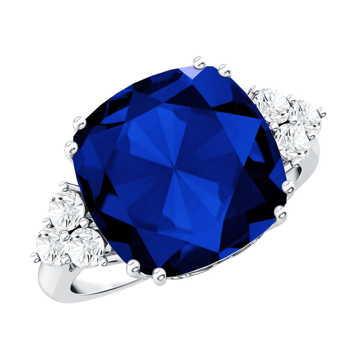 Lab Grown Blue Sapphire Ring, 9 Carat Cushion Cut Diamond Trio