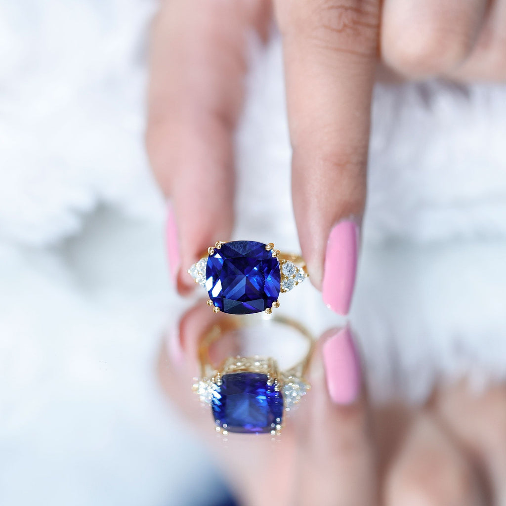 Lab Grown Blue Sapphire Ring, 9 Carat Cushion Cut Diamond Trio