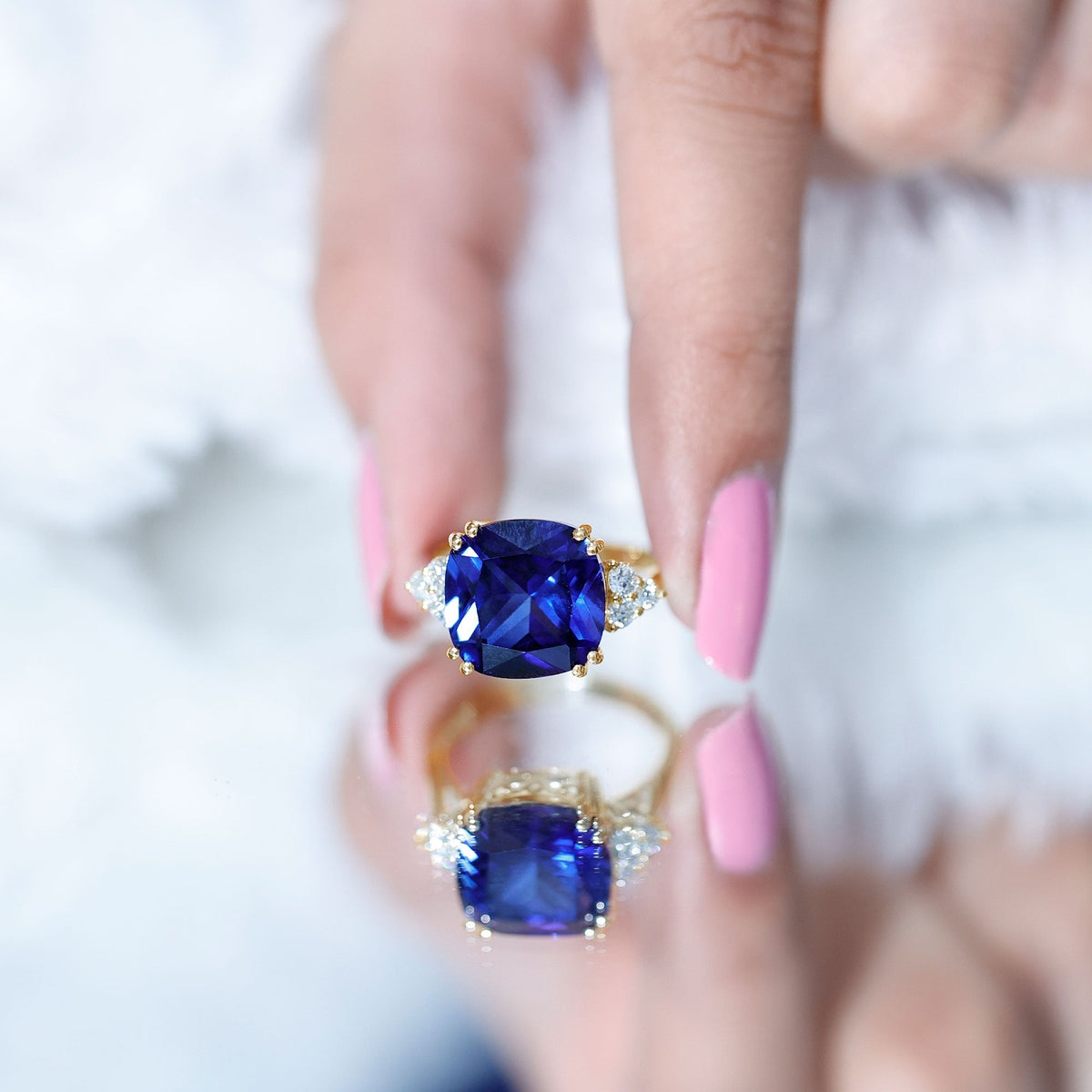 Lab Grown Blue Sapphire Ring, 9 Carat Cushion Cut Diamond Trio