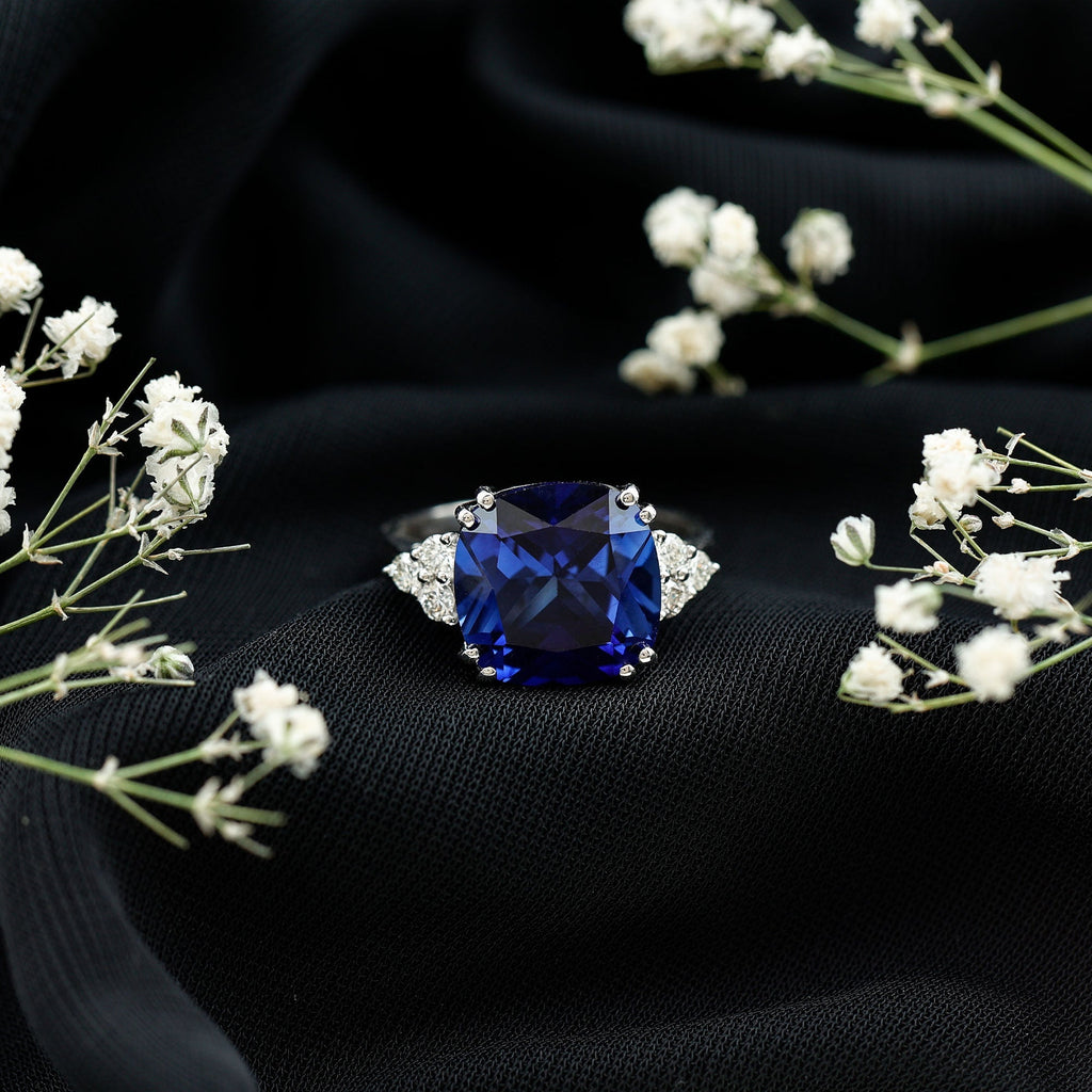 Lab Grown Blue Sapphire Ring, 9 Carat Cushion Cut Diamond Trio