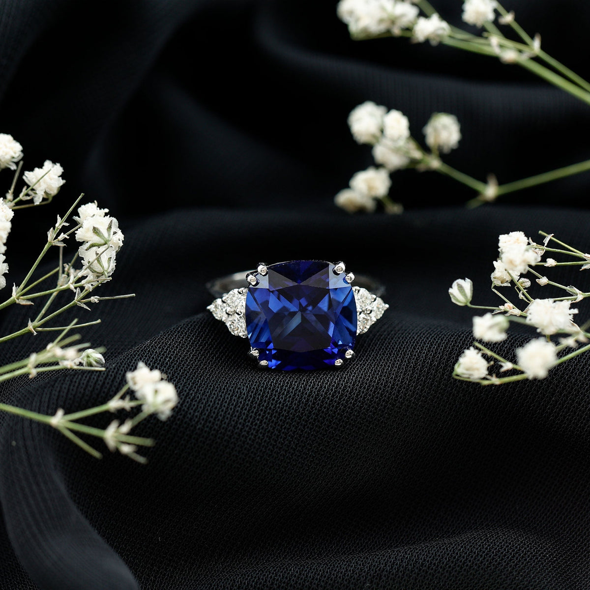 Lab Grown Blue Sapphire Ring, 9 Carat Cushion Cut Diamond Trio