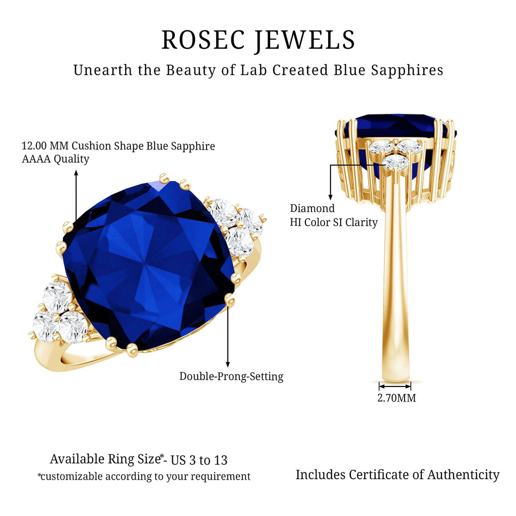 Lab Grown Blue Sapphire Ring, 9 Carat Cushion Cut Diamond Trio