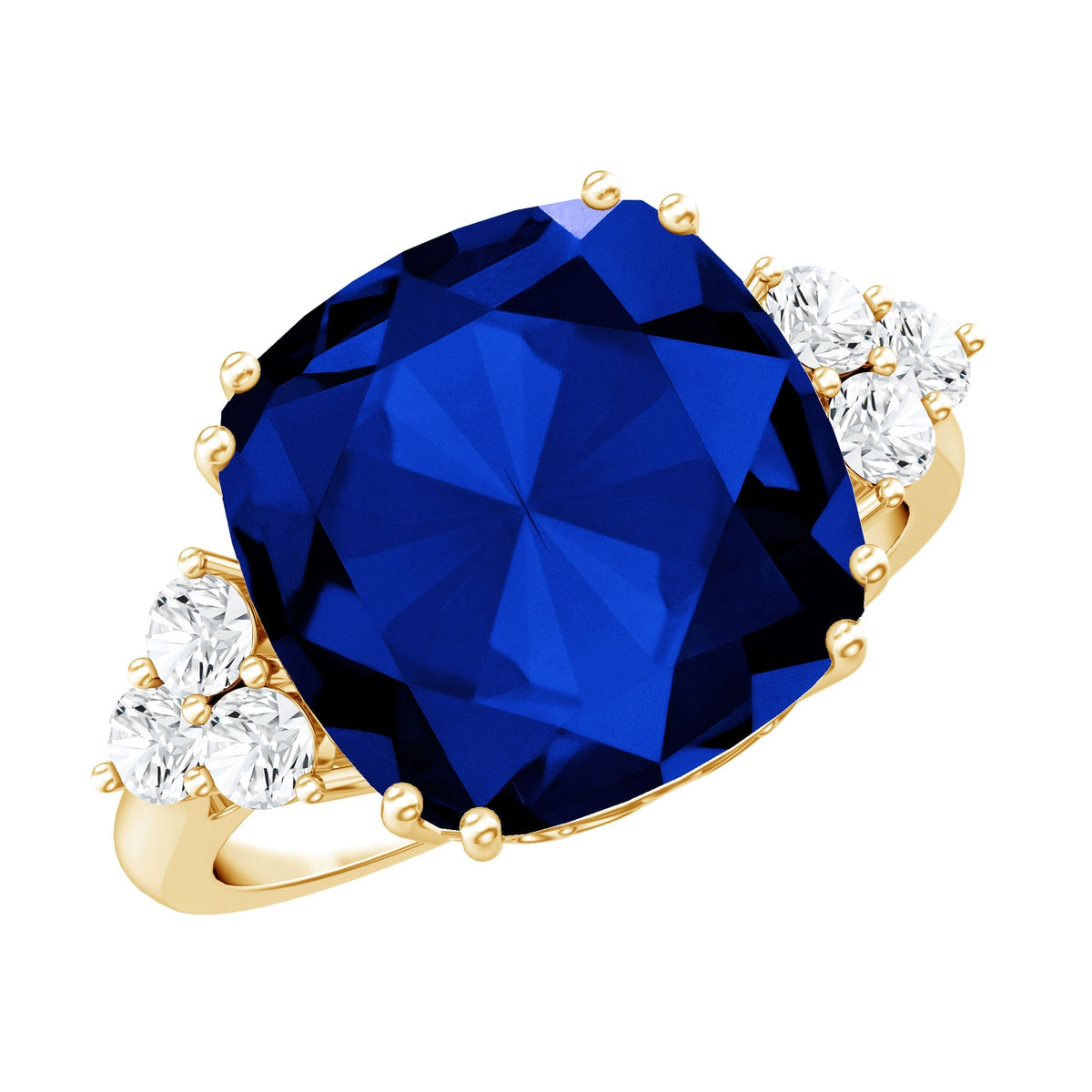 Lab Grown Blue Sapphire Ring, 9 Carat Cushion Cut Diamond Trio