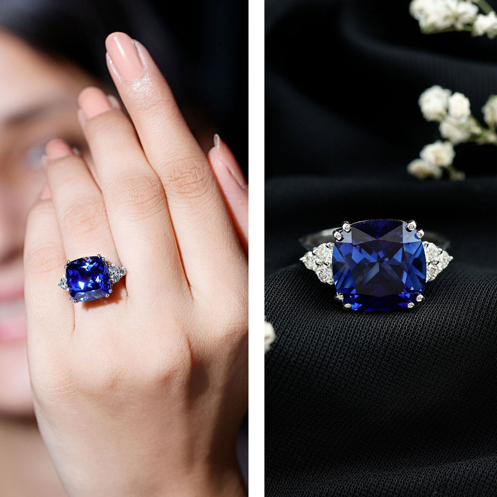 Lab Grown Blue Sapphire Ring, 9 Carat Cushion Cut Diamond Trio