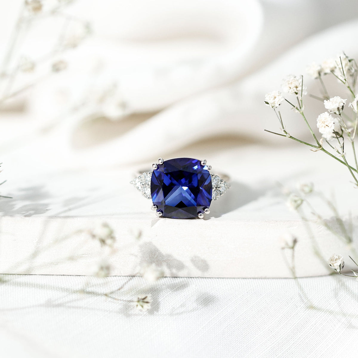 Lab Grown Blue Sapphire Ring, 9 Carat Cushion Cut Diamond Trio