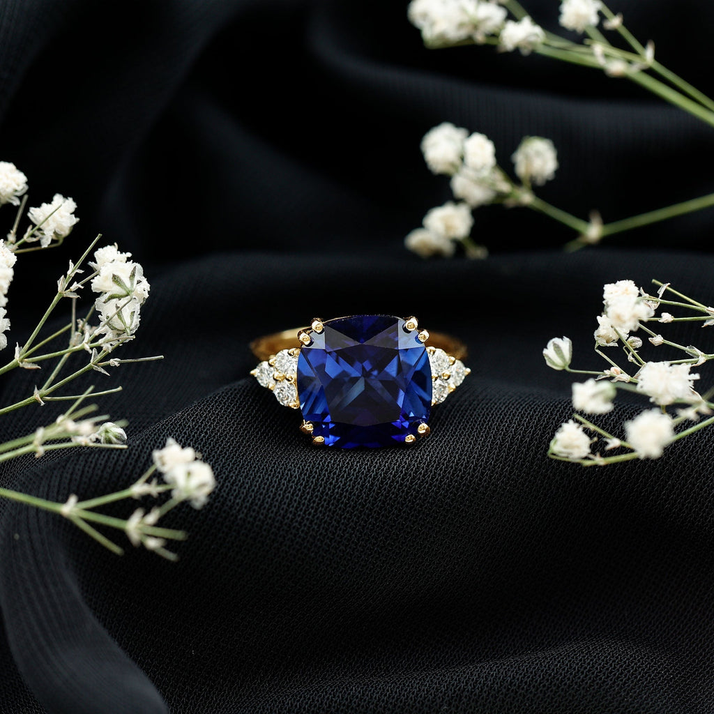 Lab Grown Blue Sapphire Ring, 9 Carat Cushion Cut Diamond Trio