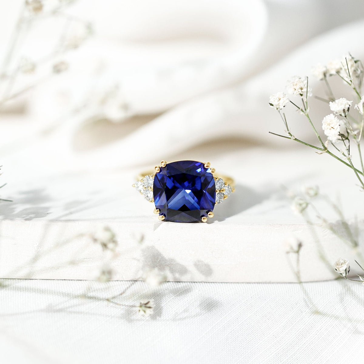 Lab Grown Blue Sapphire Ring, 9 Carat Cushion Cut Diamond Trio